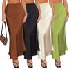 Maxi Skirt Women High-Waist Smooth Satin Long Skirt with Zipper Solid Color Spring Autumn Women Hip Wrapped Fishtail Skirt