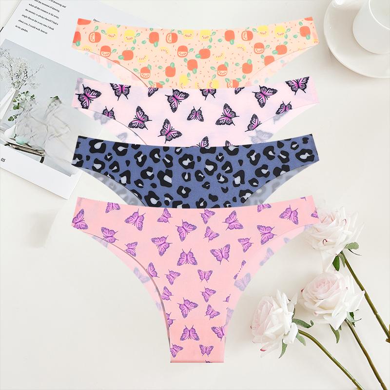 4Pcs/Set Seamless Colorful Brazilian Pants Lady Sexy Underwear Ice Silk Underpants Low Waist G-string Soft Thin Briefs