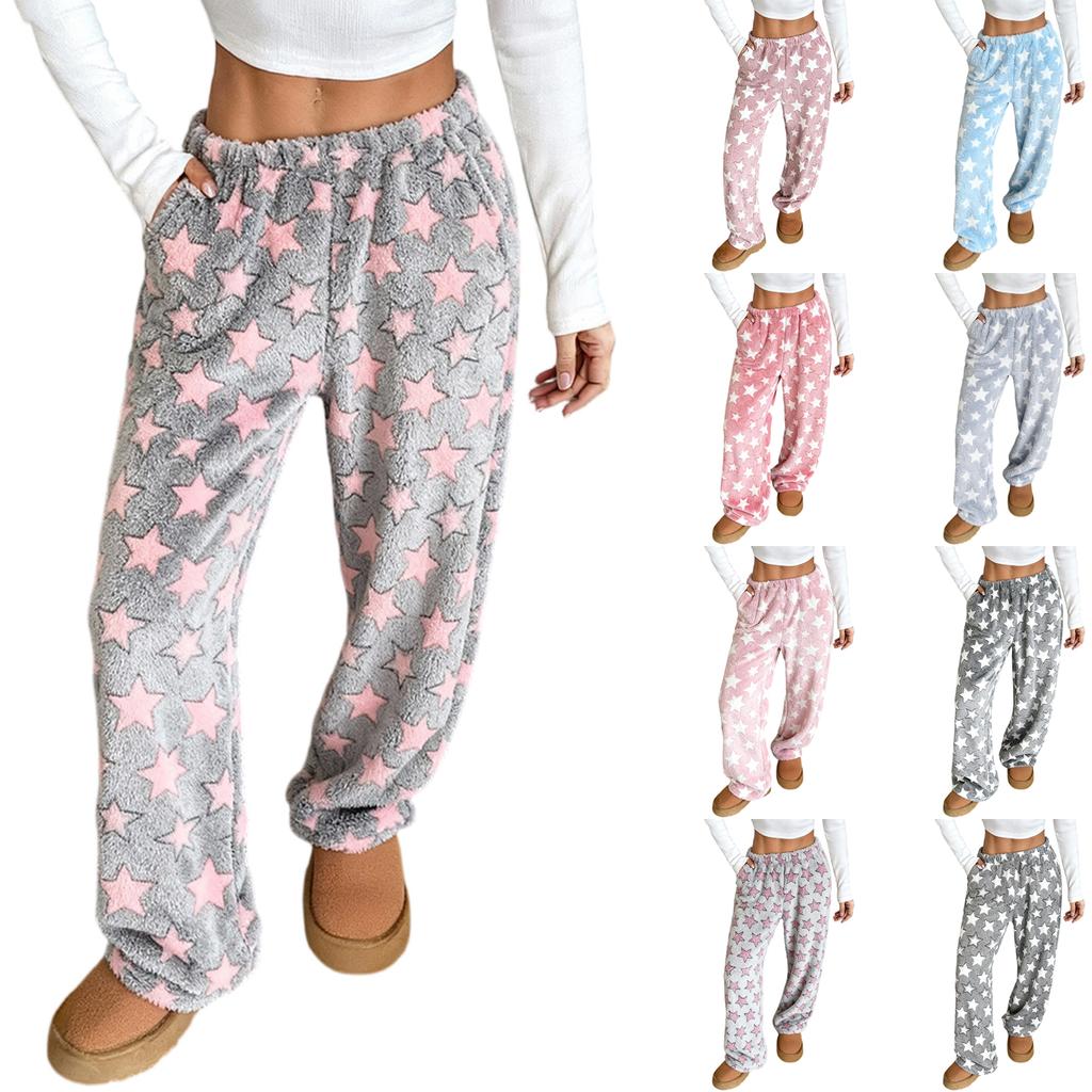 Women's Pajama Pants, Plush Pajama Pants, Soft Elastic Waist Pajama Pants, Star Pants With 2 Pockets