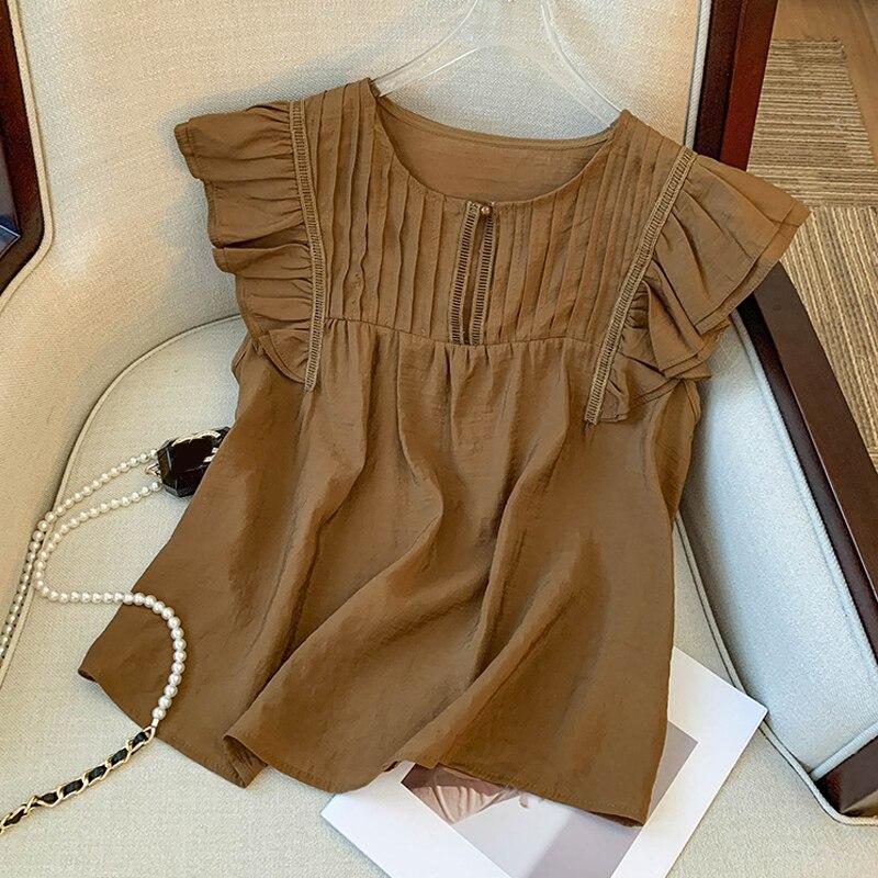 Летняя женская рубашка без рукавов с рюшами, элегантная корейская плиссированная хлопковая блузка, женские однотонные повседневные топы с круглым вырезом, свободные Blusas 26891