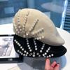 New Autumn Winter Pearl Rhinestone Wool Beret Cap Female British Retro Korean Version Children Japanese Painter Hat Mujer
