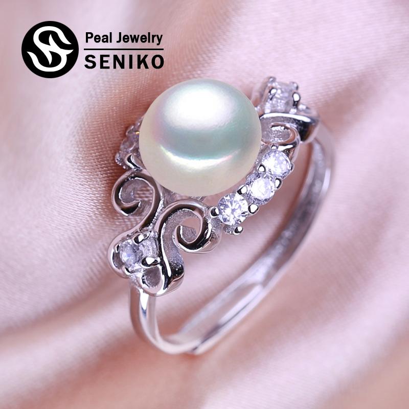 seniko Кольца с натуральным пресноводным жемчугом для женщин, модное женское кольцо с кубическим цирконием и CZ, ювелирные изделия с жемчугом, регулируемое кольцо