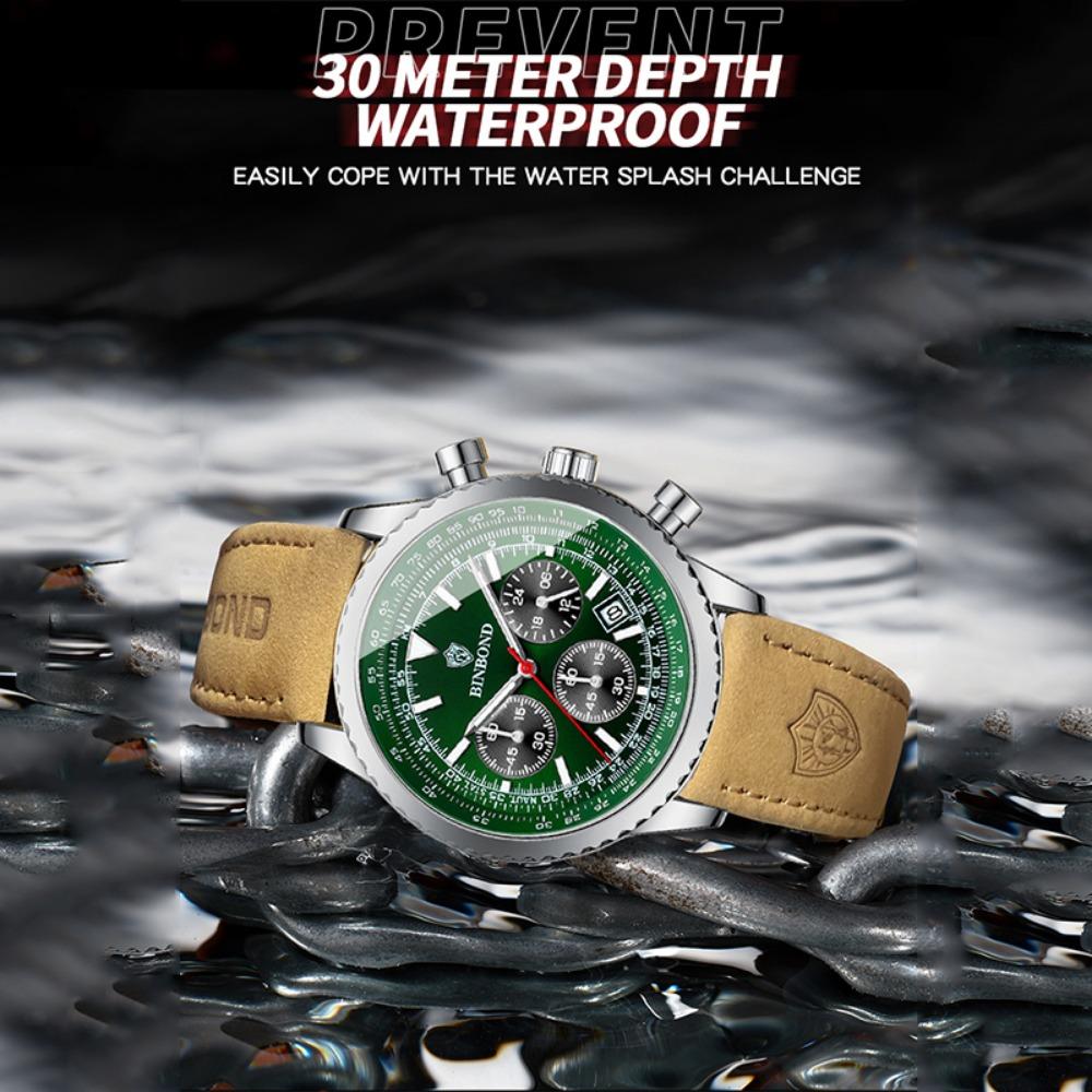 BINBOND Top Brand Man Quartz Watch Waterproof Luminous Date Chronograph Leather Wristwatch Military Sports Luxury Men's Watches
