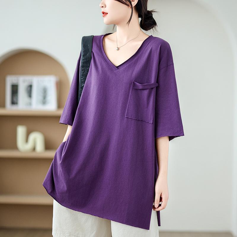 DIMANAF 2025 Новая Летняя Футболка Большого Размера Женская V-образный вырез Короткий рукав Однотонные Свободные Топы Футболки Макси