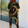 Женский костюм-двойка большого размера: топ с круглым вырезом, длинным рукавом, принтом черного, золотого и зеленого цветов, и облегающие брюки