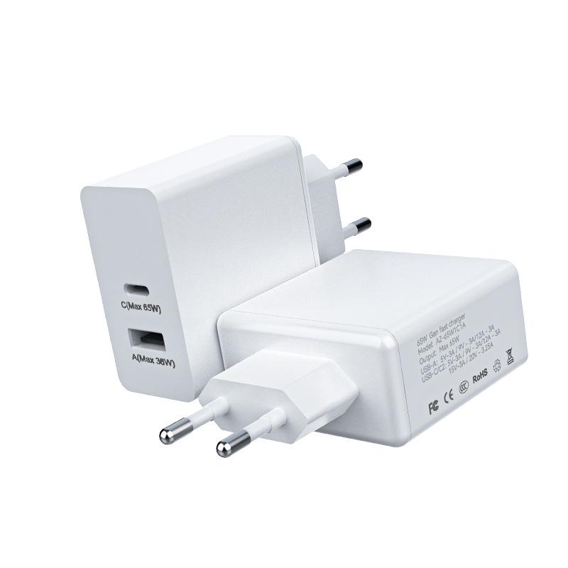 Быстрое зарядное устройство GaN с двумя портами USB-C мощностью 65 Вт для ноутбука и телефона