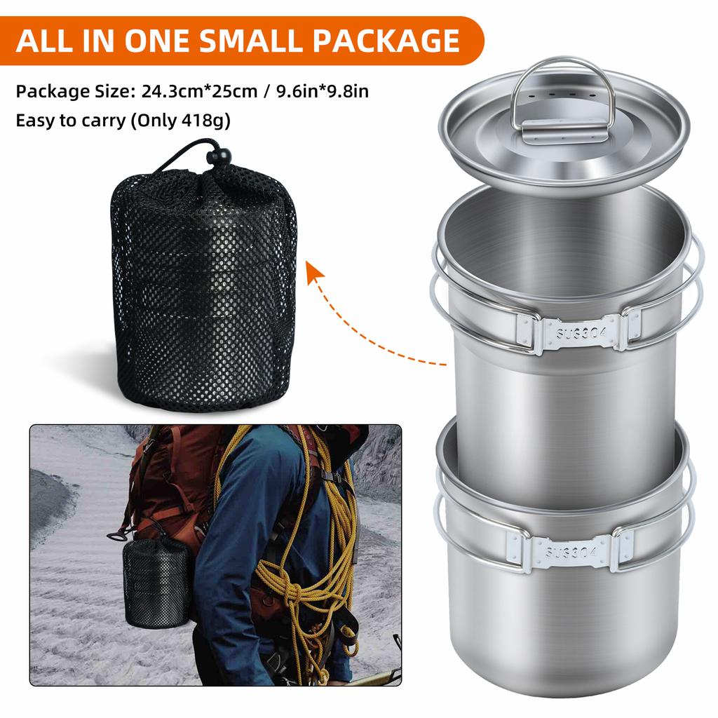 Set of 2 Stackable Camping Mugs Stainless Steel with Storage Bag Portable Coffee Cup with Foldable