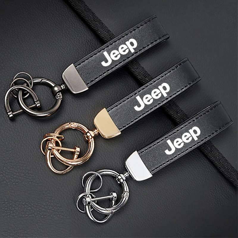 For Jeep Car Key Ring Cowhide Leather Keychain Waist Pendant Carabiner For Jeep Grand Cherokee Wrangler JK Gladiator Compass