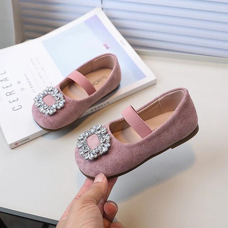 Children Girls Leather Shoes Luxury Rhinestone Kids Fashion Ballet Flat Shoes Elegant Versatile Princess Causal Shoes Slip-on