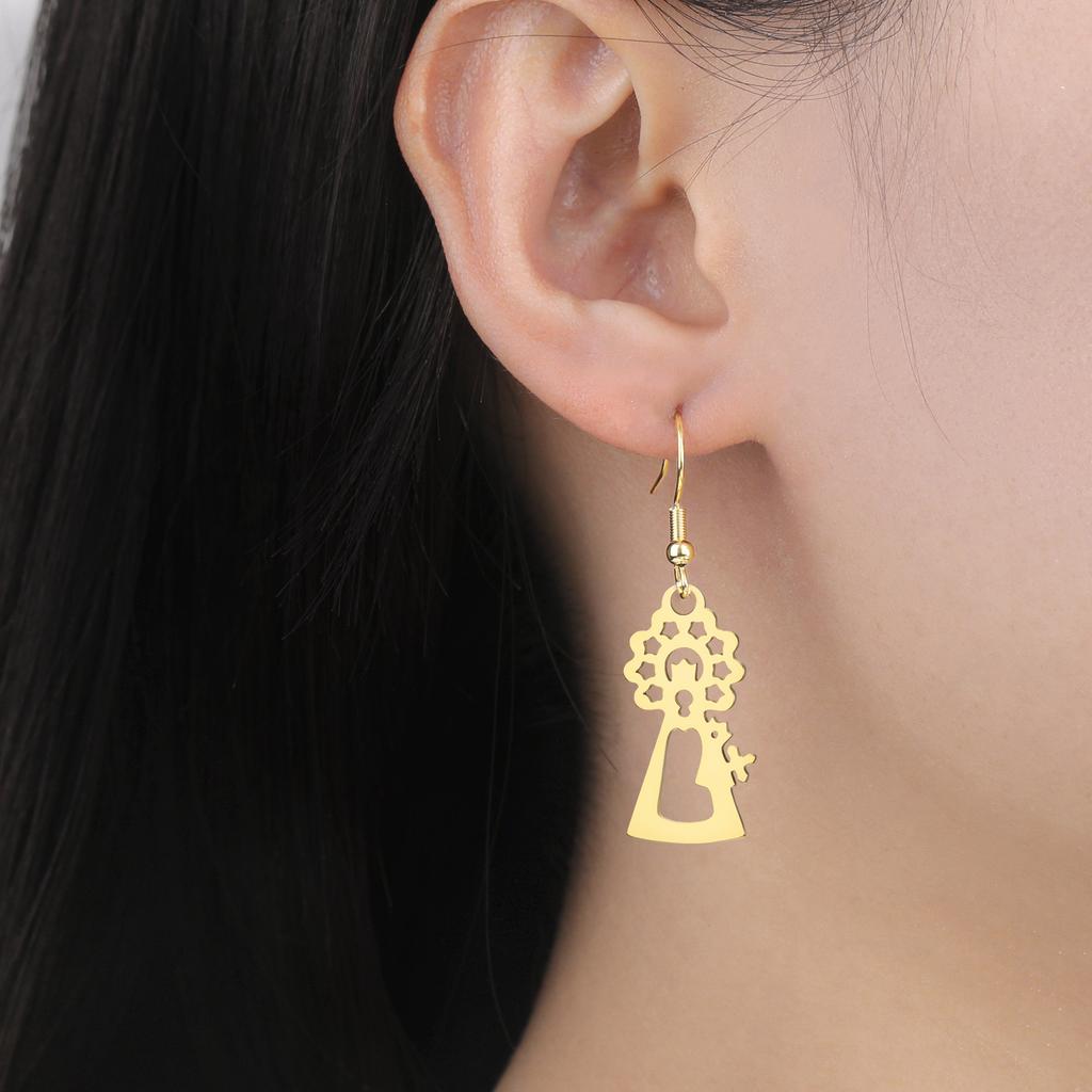 Stainless Steel Virgin Mary Drop Earrings Hollow Cutout Our Lady Of the Pillar Dangle Earrings Catholic Faith Jewelry for Women