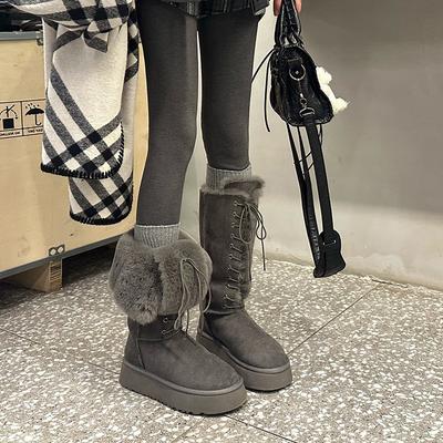 Серые зимние ботинки на толстой подошве женские 2025 новые зимние на шнуровке два варианта носки длинные ботинки, утепленные и утолщенные Северо-восточные термохлопковые ботинки