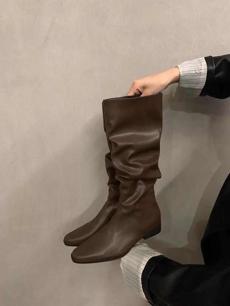 Fashion Stretch Soft Leather Women 2025 High Boots Fashion Pointed Toe Shoes Autumn Winter Thick Heel Ladies Long Booties