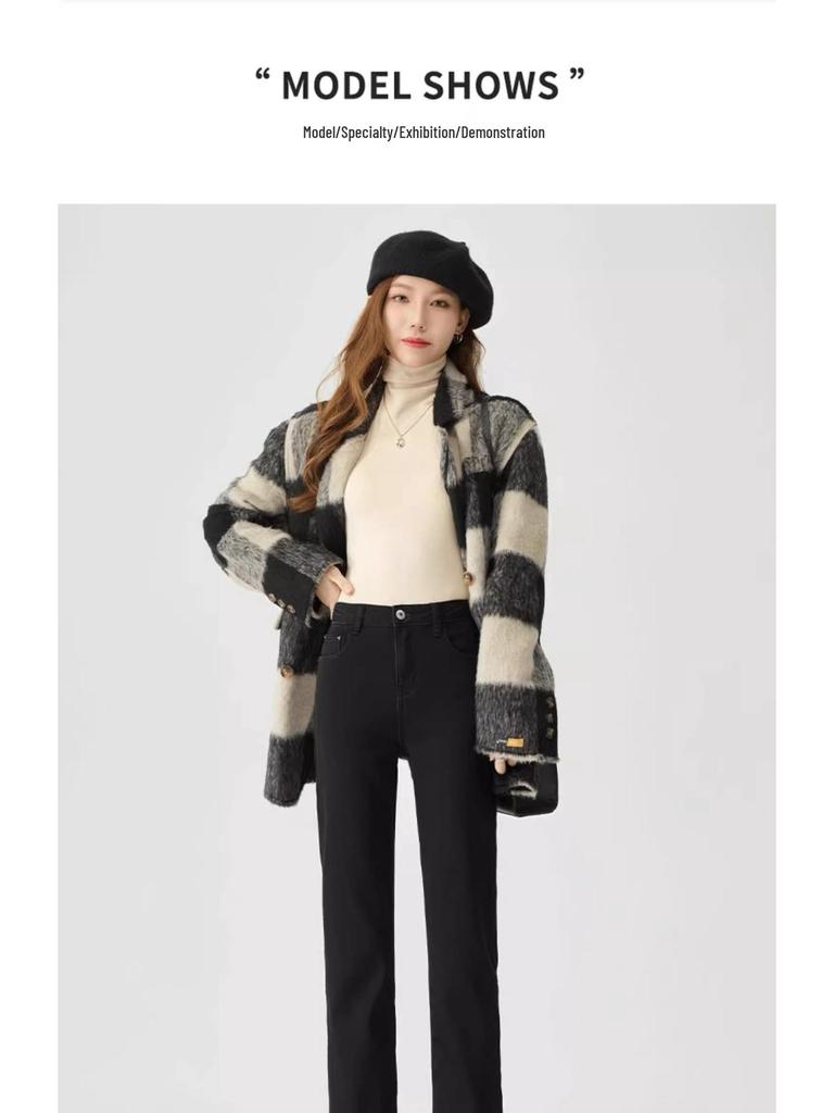 Women's Winter Velvet Cigarette Pants - High Waist, Slim Fit, Elastic, Thickened, Nine-Point Straight-Leg Jeans for Autumn and Winter 2025.