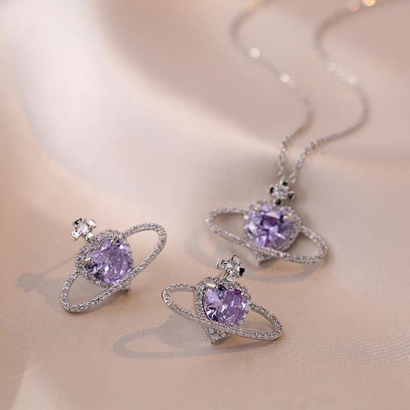 Фиолетовое Сердце Планета Кулон Ожерелье Серьги Комплект Ювелирных Изделий для Женщин Мода Цирконий Свадьба Помолвка Ювелирные Аксессуары Аксессуары
