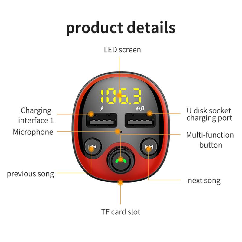 Автомобильный комплект Bluetooth5.0 Беспроводной FM-передатчик Автомобильное зарядное устройство с двумя USB-портами MP3-плеер Радиоадаптер Поддержка громкой связи TF-карта Вход для флэш-накопителя USB