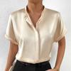 Fashion Solid Satin Short Sleeve Casual Shirt Women Summer Tops Elegant Stand Collar Simple Blouses Women Button Up Slim Office Ladies Shirts 26558
