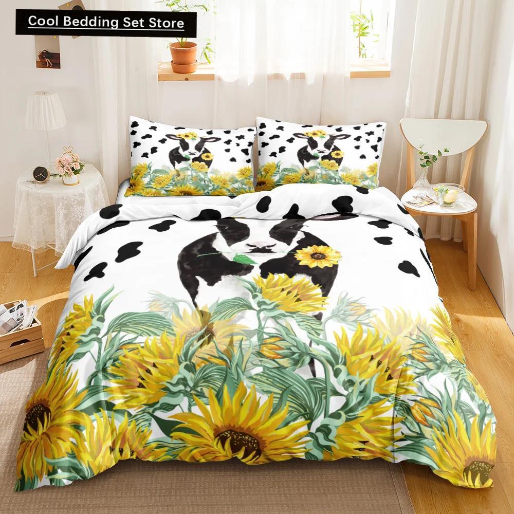 Пододеяльник с принтом коровы, рисунок в виде животного, коровы, рисунок из мультфильма, фермерское хозяйство, подсолнух, комплект постельного белья из полиэстера, двуспальная кровать размера «king-size»