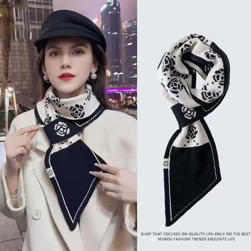 New Knitted Small Scarf Women's Wool Scarf Autumn and Winter Small Ears Letter Camellia Narrow Scarf
