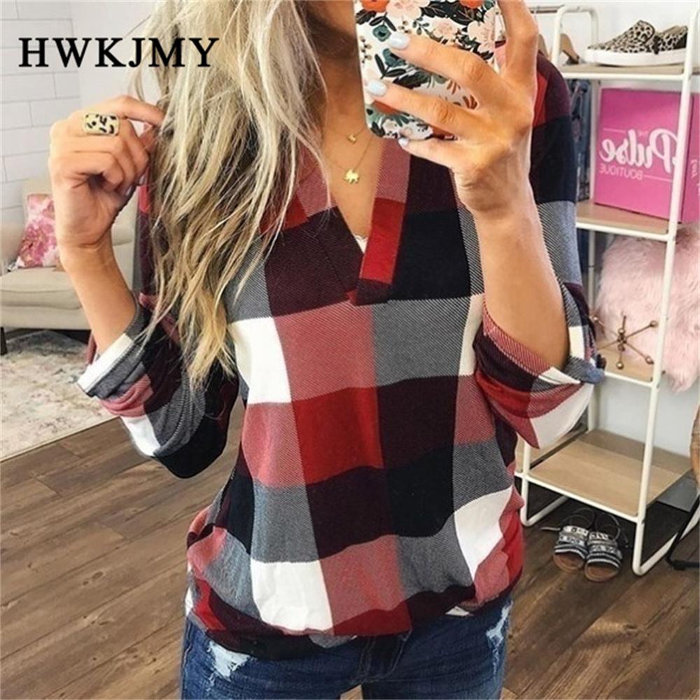 Women Plaid Printed Shirts Long Sleeve V-Neck Ladies Tops Turn Down Collar All-Match Fashion Tunic Shirts Clothes 5XL