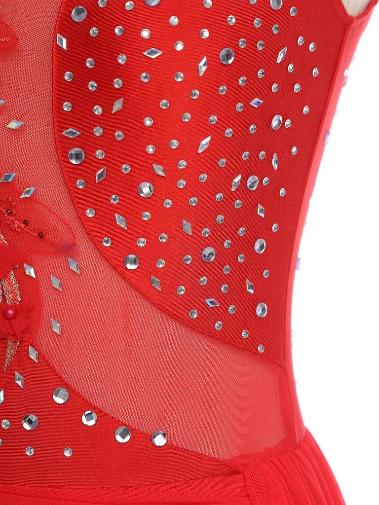 Womens Sparkly Latin Dance Wear Rhinestone Applique Sleeveless Back Hollow Skirted Leotard Gymnastics Bodysuit