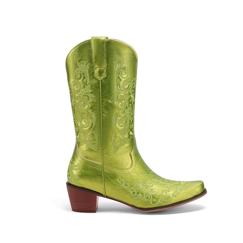 Вышитые короткие ботинки в стиле вестерн, женские ковбойские сапоги до середины голени, модные блочные каблуки, квадратный носок, без застежек, зимняя осенняя обувь