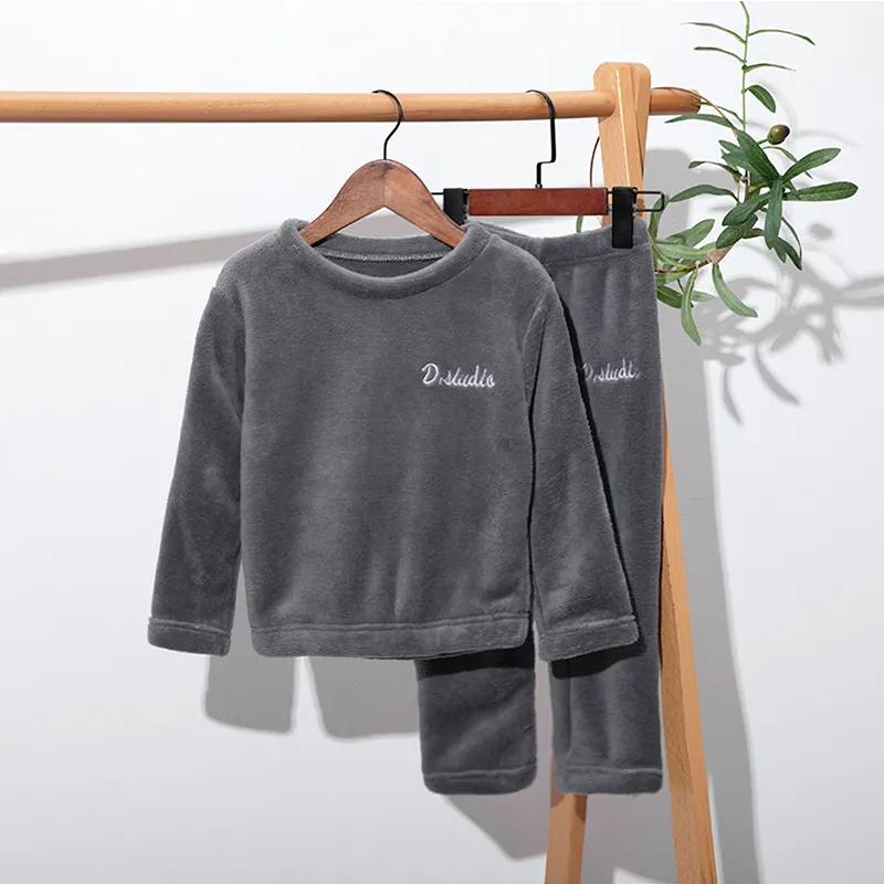 Children's Winter Thickened Warm Homewear Set Solid-Colour Round-Neck Pullover Top + Trousers Two-Piece Set Suitable for Outdoor Wear