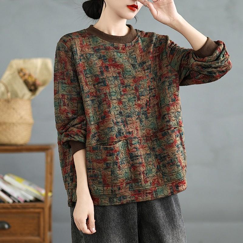 Женские свитшоты с длинным рукавом, повседневные, новинка, осень, винтажный стиль, круглый вырез, принт, свободные, женские, теплые, плотные