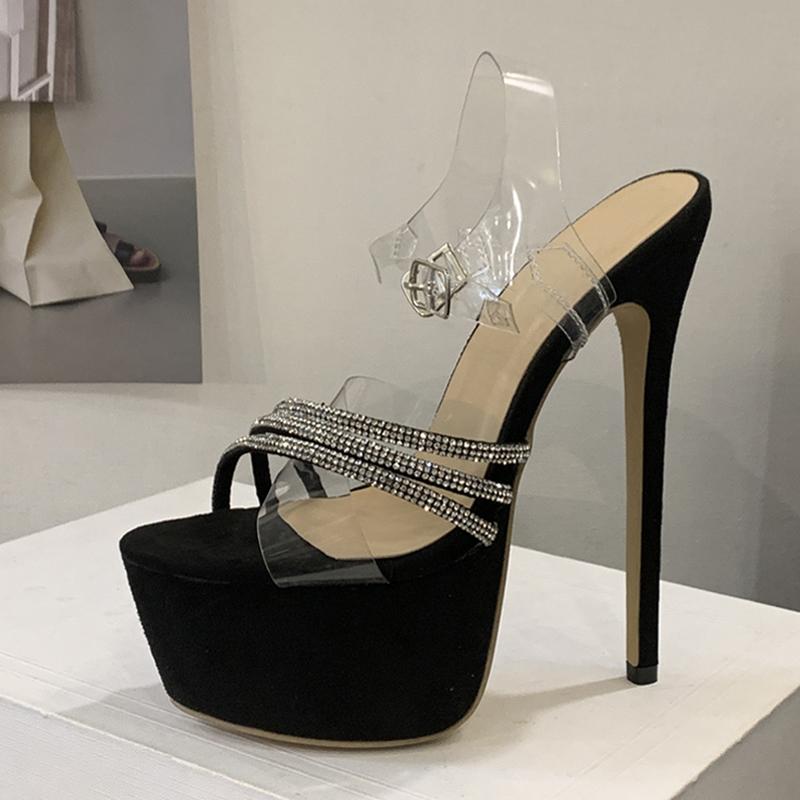 Summer Fashion Rhinestone Platform High Heels Transparent Sandals for Women Open Toe PVC Ankle Strap Wedding Banquet Shoes
