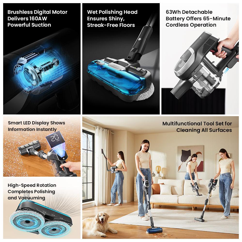 Беспроводной пылесос JIMMY JV9 Pro Aqua - Мощность всасывания 160 Вт, Время работы 45 мин, HEPA-фильтр, Влажная уборка, 4 режима, Светодиодный дисплей