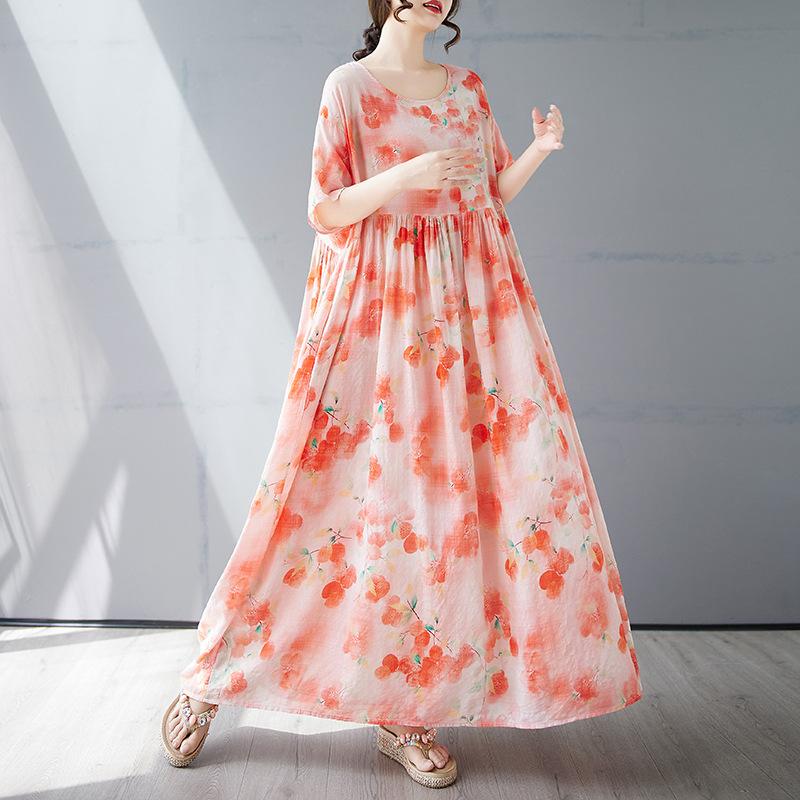 Summer new simple bohemian long dress fattened and enlarged short-sleeved crew neck printed dress women's clothing