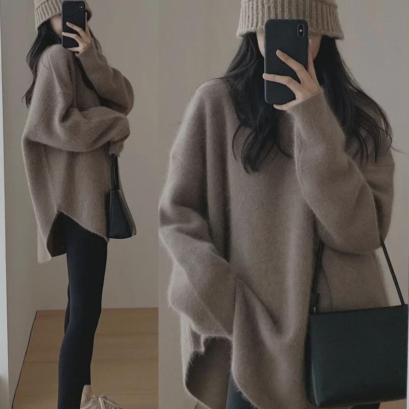 Women's Lazy Style Mid-Length Knitted Sweater - Autumn & Winter 2024 Loose Long-Sleeve Thickened Top