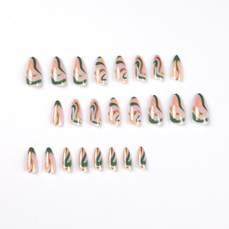 24Pcs/Set Quick Nails Brown Green Waves False Nials Sticker Wearable Waterproof Manicure Finished Nails
