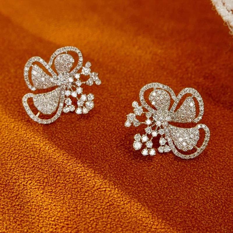 Красивые серьги-пусеты в виде цветка, ослепительный кубический цирконий, нежные свадебные украшения для леди, изящные аксессуары для помолвки