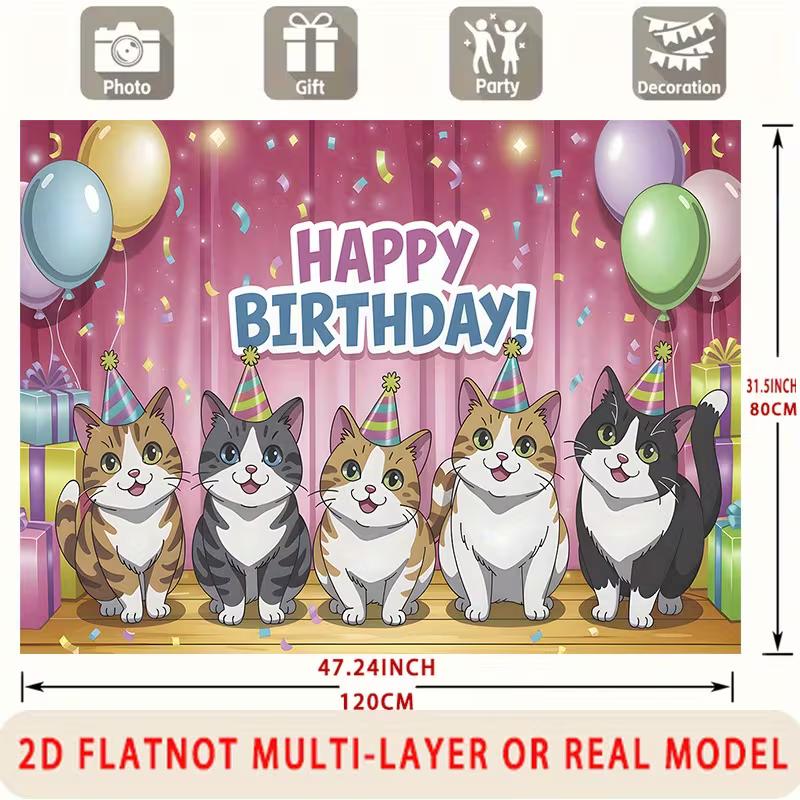2D Cartoon Kitten Birthday Backdrop Pink Curtain Balloon Party Background