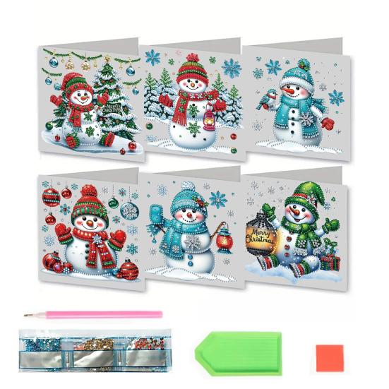 6 Pcs DIY Rhinestone Art Painting Cards Christmas Greeting Card Making Kit with Envelopes 5D Snowman Cat Deer Rhinestone