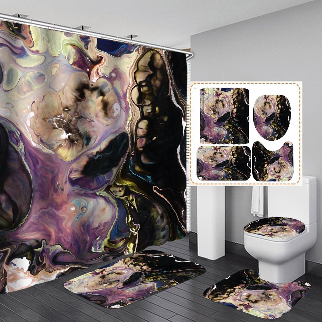 4Pcs Luxury Marble Shower Curtain Sets Bathroom Decor Sets with 12 Hooks Bath Mat Toilet Lid Rug and Non-Slip U Shape Mat