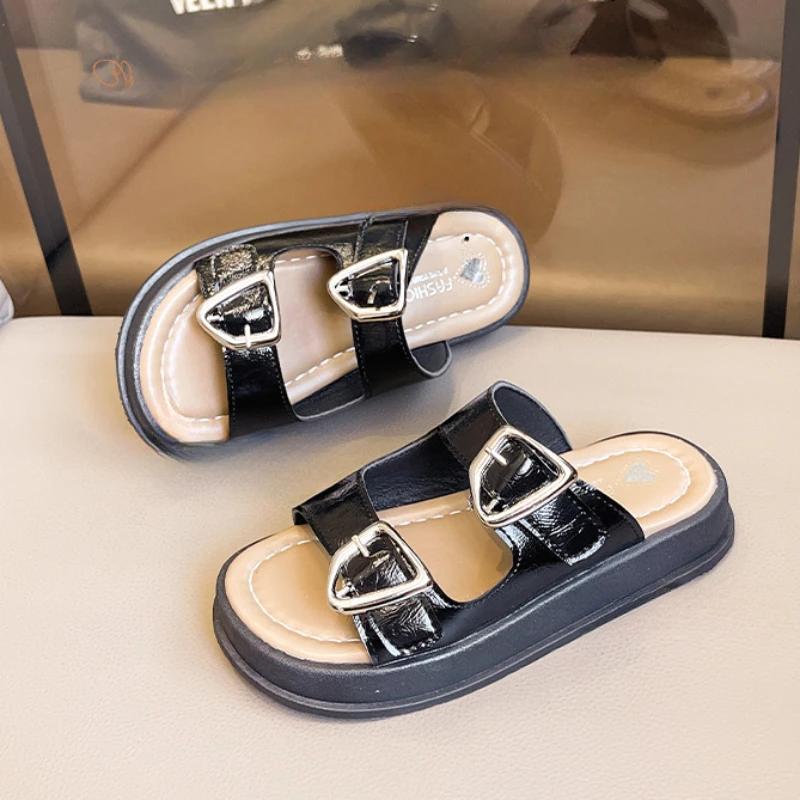 Тапочки для девочек с толстой подошвой, летние, с открытым носком, детские, повседневные, пляжные тапочки, модные, нескользящие, детские, вырезы, уличные тапочки, мюли