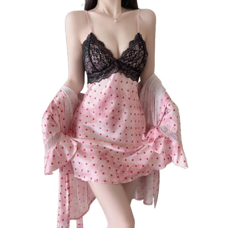 Women's Satin Polka Dot Lace Padded Sleep Dress with Robe Lounge Set