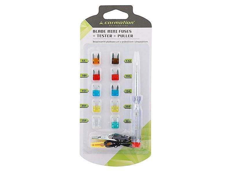 Bezpieczniki płytkowe mini, 10 szt. + próbnik napięcia 6-24V + chwytak