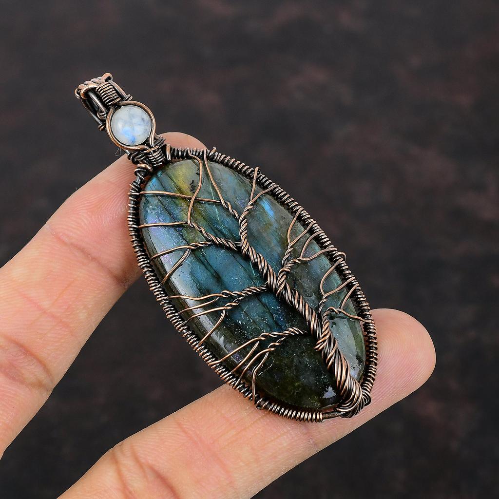 Подвеска из лабрадорита «Дерево жизни», подвеска из медной проволоки, подвеска из радужного лунного камня, подвеска из драгоценного камня, подарок для мамы, ювелирные изделия из меди ручной работы
