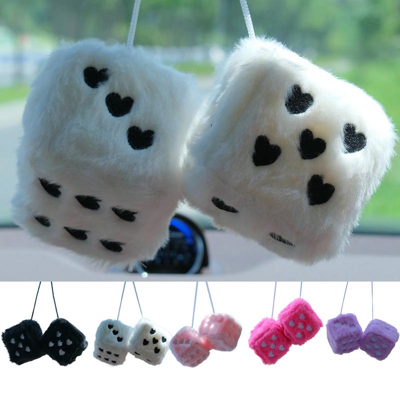 Fuzzy Plush Dice 1 Pair Auto Plush Dice Pendant Heart-shaped Embroidery Pattern Dice Pendant For Home And Workplace Decoration