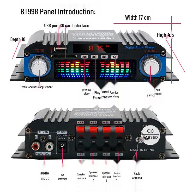 BT-998 Four-Channel Bluetooth 12V Car/Home Power Amplifier