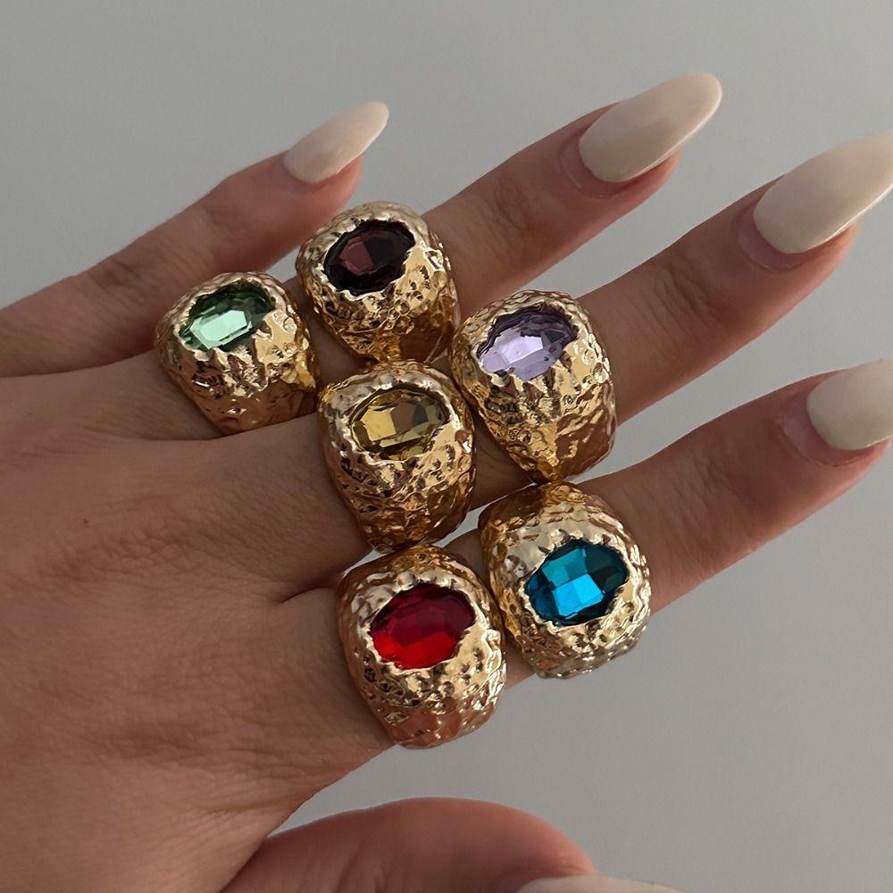 Exaggerate Colored Crystal Rings Gold Metal Open Ring Adjustable Rhinestone Rings Daily