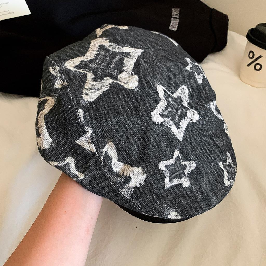 Women S Vintage Star Print Flat Top Cap Korean Style Fashionable Hat