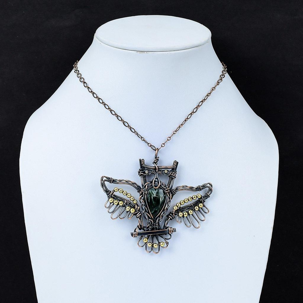 Подвеска серафинит, медная проволочная обертка, подвеска в виде совы, драгоценный камень, медные украшения, подарок для мамы, подвеска ручной работы в стиле бохо, проволочная обертка