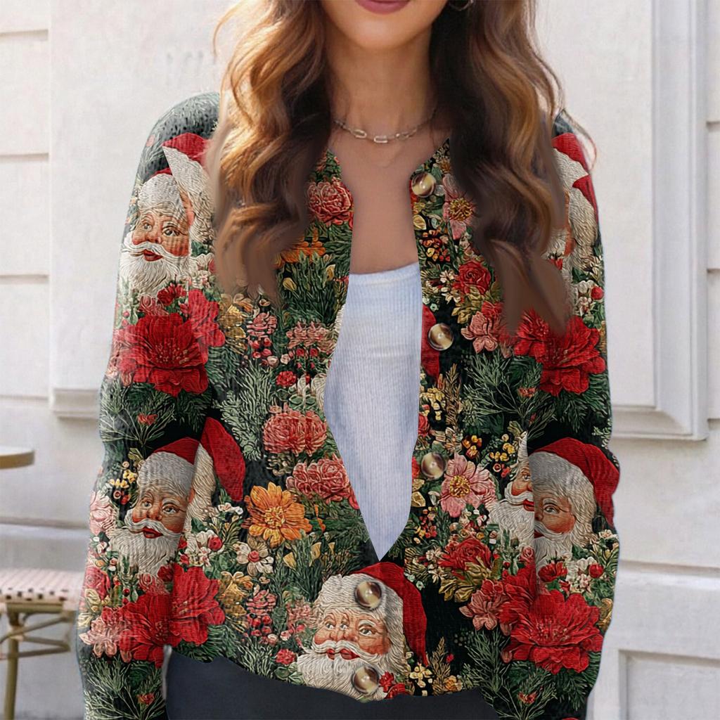 Women's Fashion Christmas Printed Long Sleeve Knitted Cardigan Button Down Jacket