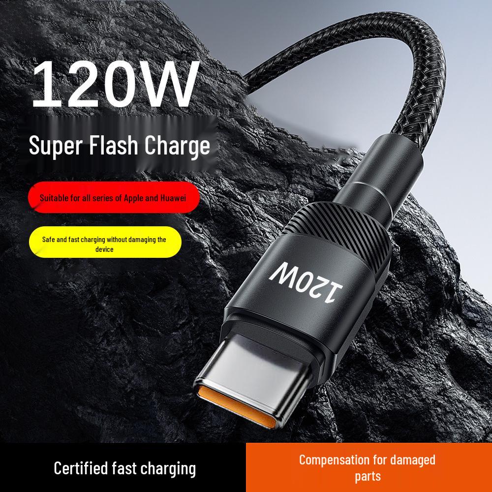 Плетеный кабель Type-C для быстрой зарядки 120 Вт, Super Flash Charge 6A для Apple, Huawei и Samsung.