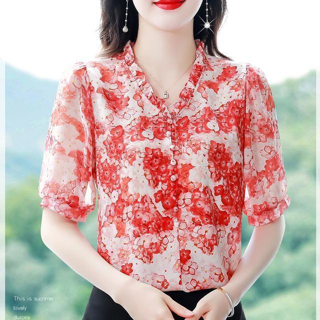 Шифоновая рубашка с цветочным принтом для мамы, новая летняя блузка с короткими рукавами, женская модная блузка с v-образным вырезом и принтом, M-4XL
