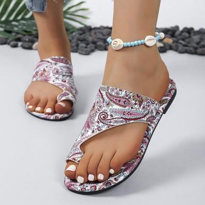 Модные женские летние шлепанцы большого размера 2025 с открытым носком, повседневные, с принтом, на плоской подошве, сандалии-вьетнамки для комфортной повседневной носки на пляже