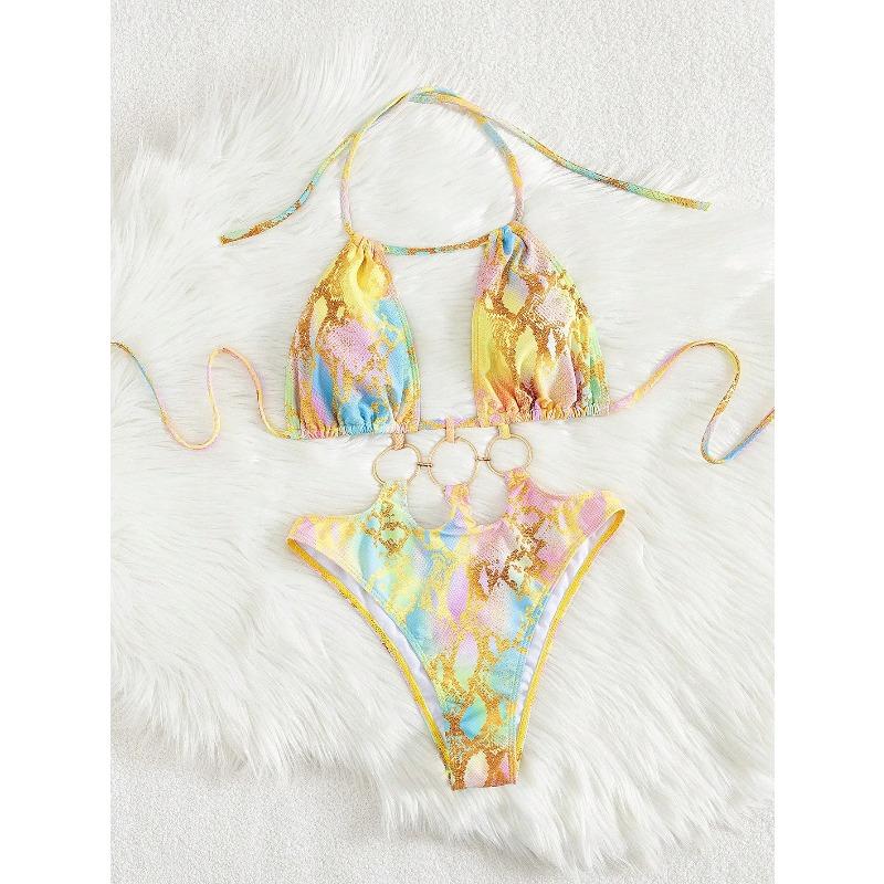 Sexy Hollow Out Backless One Piece Swimsuit 2026 Women Yellow Tie Dye Gradient Metal Circle Bathing Suit Beach Holiday Swimwear